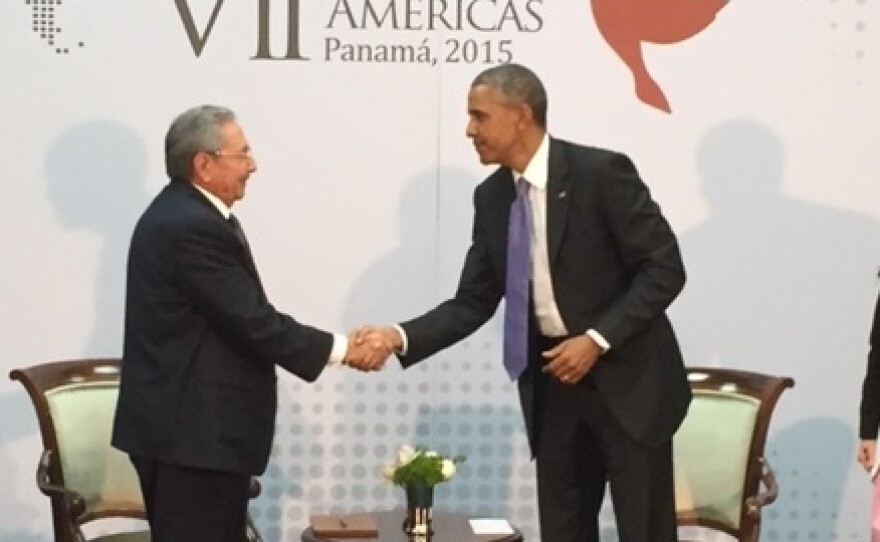 Cuban President Raul Castro and President Obama shake hands as they meet on the sidelines of the Summit of the Americas in Panama City, Panama, in April.