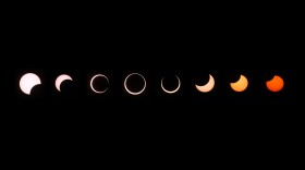 A composite of images of the first annular eclipse seen in the U.S. since 1994 shows several stages, left to right, as the eclipse passes through annularity and the sun changes color as it approaches sunset on May 20, 2012 in Grand Canyon National Park, Arizona.