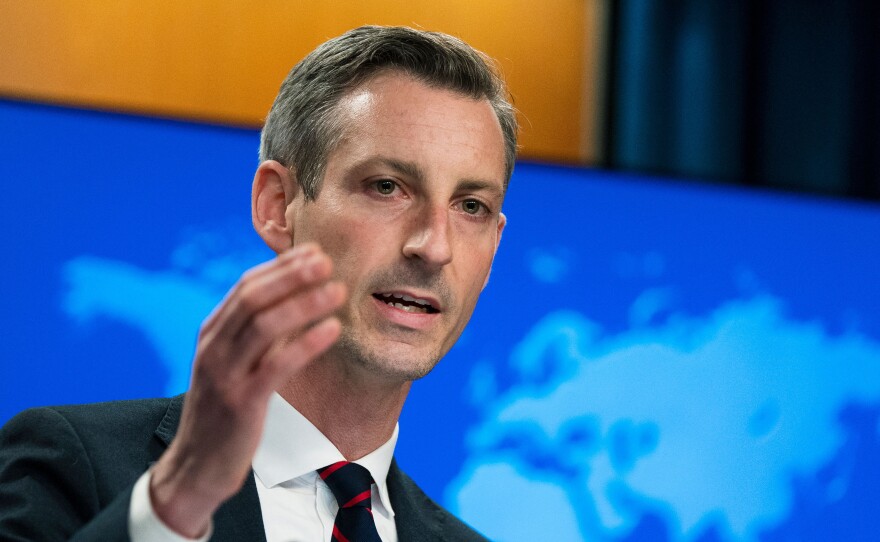 U.S. State Department spokesman Ned Price says Russia is "intentionally spreading outright lies" about chemical and biological weapons. He's seen here during at March 10 news conference at the State Department.