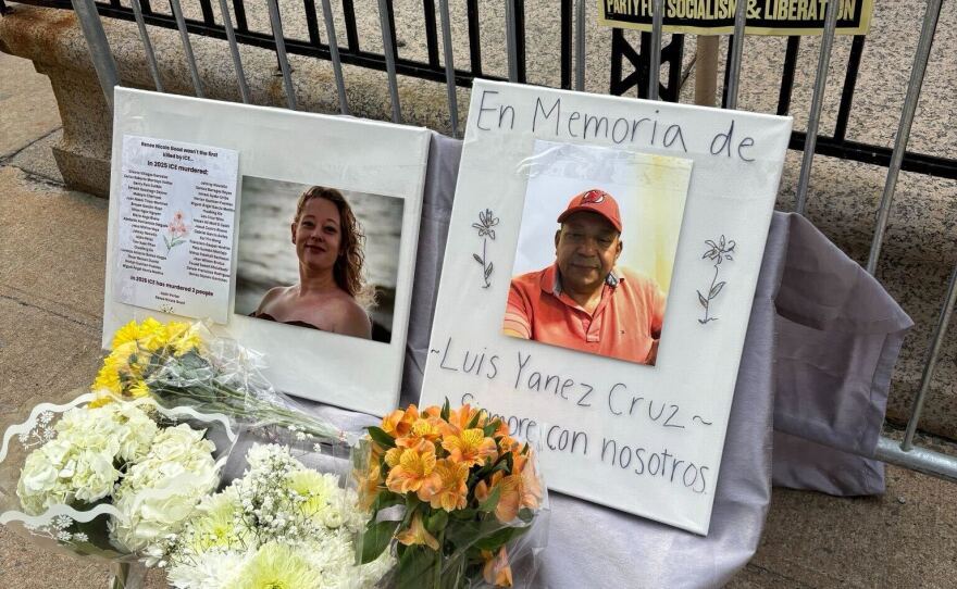 A photo of Luis Beltran Yanez-Cruz is next to a photo of Renee Nicole Good at a rally in New Jersey. She was fatally shot by an ICE agent in Minneapolis in early January.