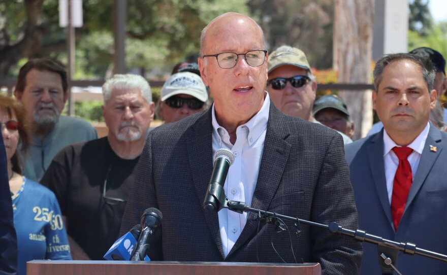 Councilmember Steve Goble speaks outside El Cajon City Hall on Wednesday, April 29, 2026.