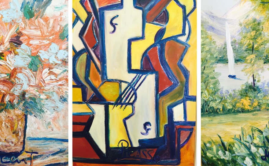 Valdelice Da Silva Dias Salum says she created these paintings under the influence of the spirits of, from left, Vincent Van Gogh, Pablo Picasso and Claude Monet.