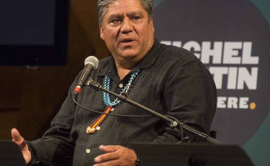 'Roger Fragua of Jemez Pueblo, New Mexico, answers at the live performance of Michel Martin's Going There at Colorado State University Tuesday May 24, 2016. The show was titled, " The Future of Water." Fragua has dedicated his professional career to the advancement and development of American Indian communities.'