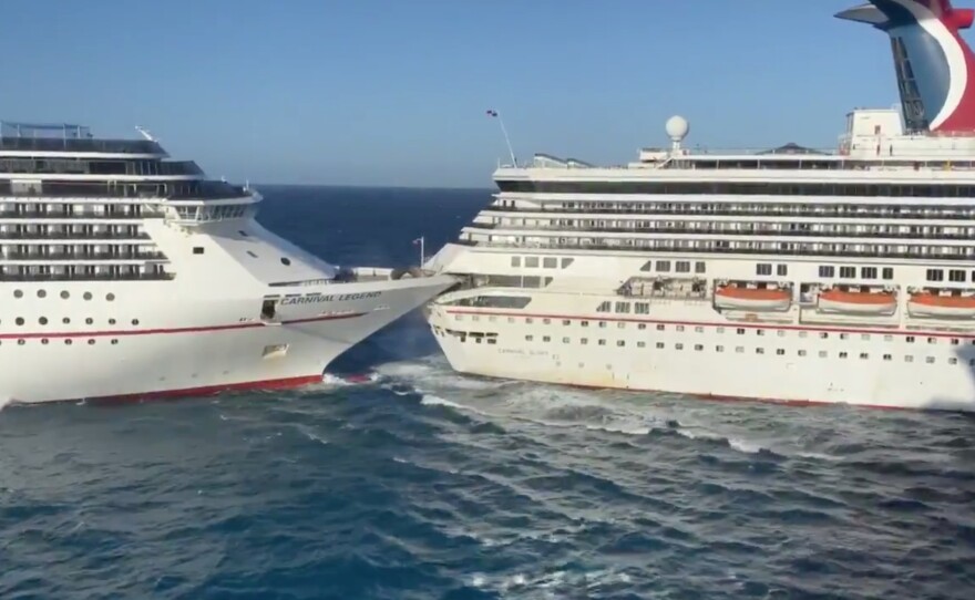Carnival Glory (right) sheered off a chunk of its deck when it collided with Carnival Legend while trying to maneuver into port Friday morning in Cozumel, Mexico.