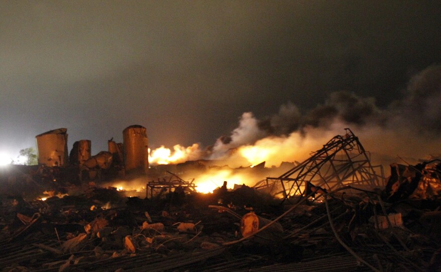 The remains of the fertilizer plant that exploded in the town of West, Texas, on April 17.