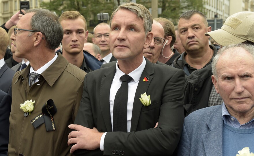 Björn Höcke (center), a politician from the Alternative for Germany party, participates in a march in Chemnitz, eastern Germany, on Sept. 1, after several nationalist groups called for marches protesting the killing of a German man allegedly by migrants.