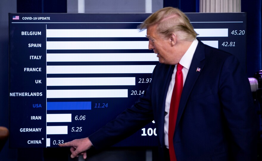 President Trump speaks as he points to China on a chart showing death rates per 100,000 inhabitants during a coronavirus task force briefing on April 18. Belgium surged to the top of the chart because authorities are including all deaths that are even suspected of being caused by the virus, whether the deceased was tested or not.