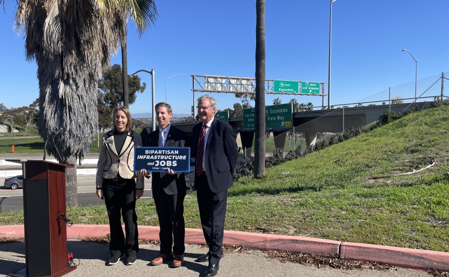 From left to right, Encinitas Mayor Catherine Blakespeare, U.S. Representative Mike Levin (D-CA 49) and San Diego County Supervisor Jim Desmond are pictured in front of the I-5 and SR-78 interchange following a press conference, Jan. 24, 2022.