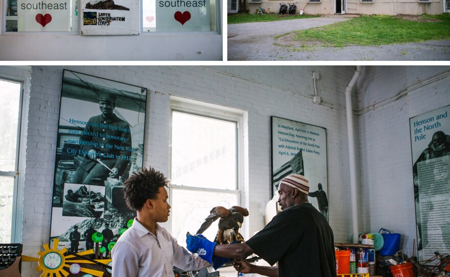 (Top) The Matthew Henson Earth Conservation Center along the Anacostia River is named in honor of the first African-American explorer to reach the North Pole. The ECC hosts events for local kids here. (Bottom) Rodney Stotts shows one of his hawks, Petunia, to students like Anthony Price, 15, to help them face fears.