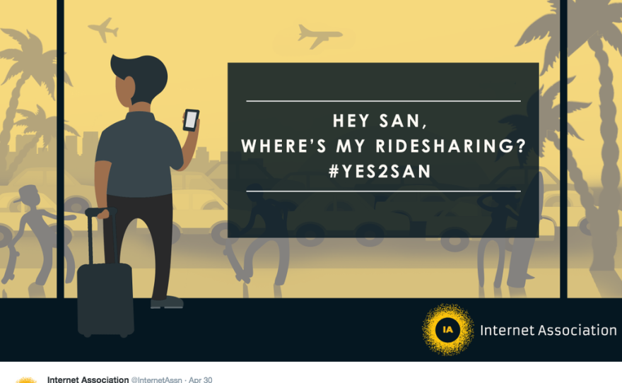 A Tweet dated April 30, 2015 urges Uber customers to tell San Diego airport authorities via social media they want Uber at the airport.