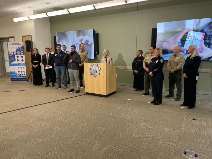 San Diego County Sheriff Kelly Martinez speaks at a press conference about Naloxone distribution, Jan, 23, 2023.