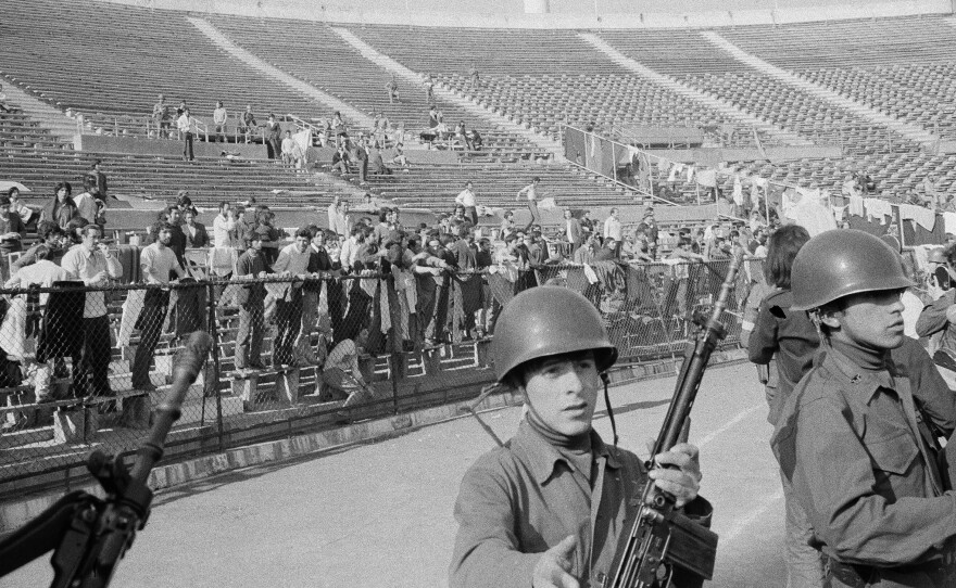 Leftists who were arrested after the coup were held prisoner in the national stadium, in Santiago, in September 1973. Many people were tortured at the stadium.
