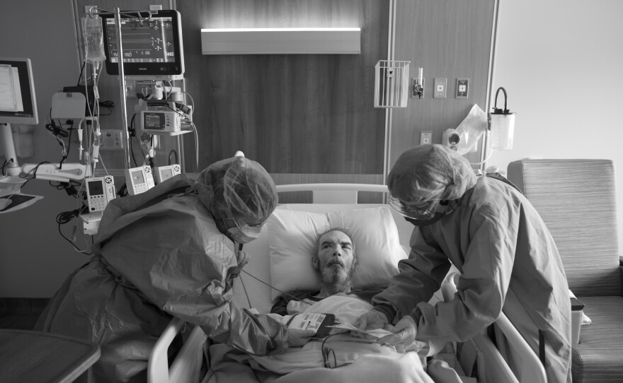 Tony Johnson receives a blood transfusion on April 14, 2020 to address ongoing health issues resulting from COVID-19. Because Whidbey is a critical access hospital, patients typically can't stay longer than 96 hours, so nurses are not trained to keep people on ventilators for long periods of time. But nurses have had to learn new skills to save lives during the pandemic.