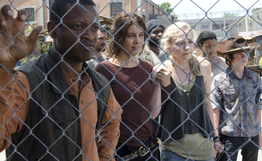 Bob Stookey (Larry Gilliard Jr.), Maggie Greene (Lauren Cohan), Tyreese (Chad Coleman), Beth Greene (Emily Kinney), Sasha (Sonequa Martin-Green) and Carl Grimes (Chandler Riggs) on AMC's <em>The Walking Dead</em>.