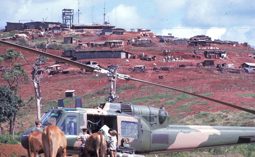 A U.S. Air Force Bell UH-1P from the 20th Special Operations Squadron "Green Hornets" at a base in Laos. circa 1970.