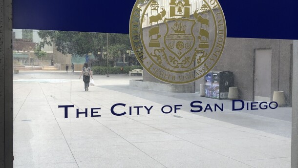 The City of San Diego sign is pictured at San Diego City Hall, June 15, 2021. 