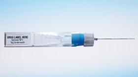 This undated image provided by ApiJect Systems America in July 2020 shows a prototype of their "BFS" prefilled syringe. The devices are self-contained: the soft plastic blister is squeezed to push a dosage through the attached needle to inject into a patient.