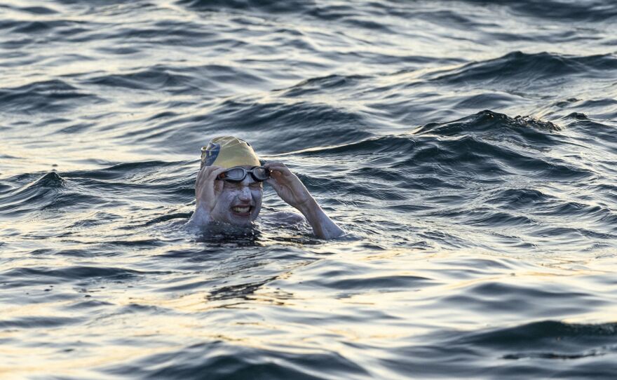 Sarah Thomas, a 37-year-old cancer survivor, swims across the 21-mile English Channel. She said she was stung on the face by a jellyfish during her epic swim, in which she crisscrossed the channel four times, a journey that ended up being more than 130 miles because of the tides.