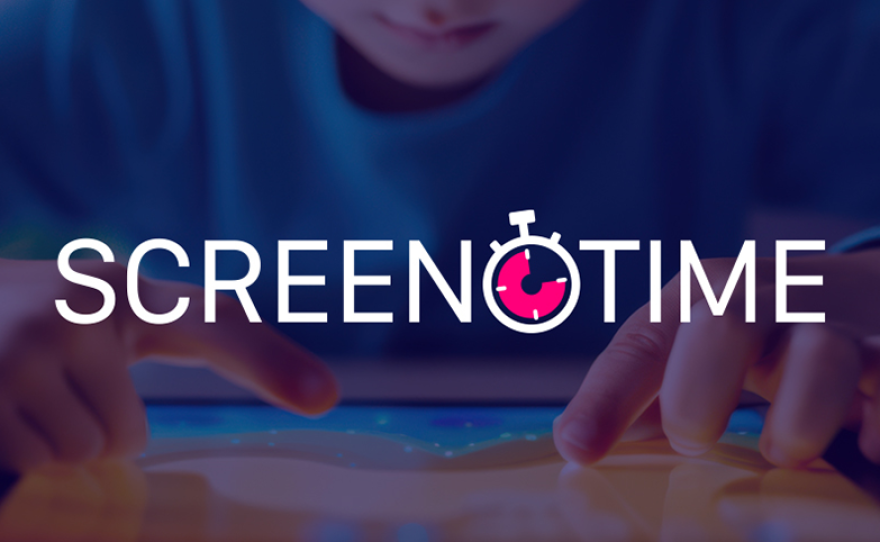 The ScreenTime logo is superimposed over an image of a child scrolling through a tablet. Undated image.