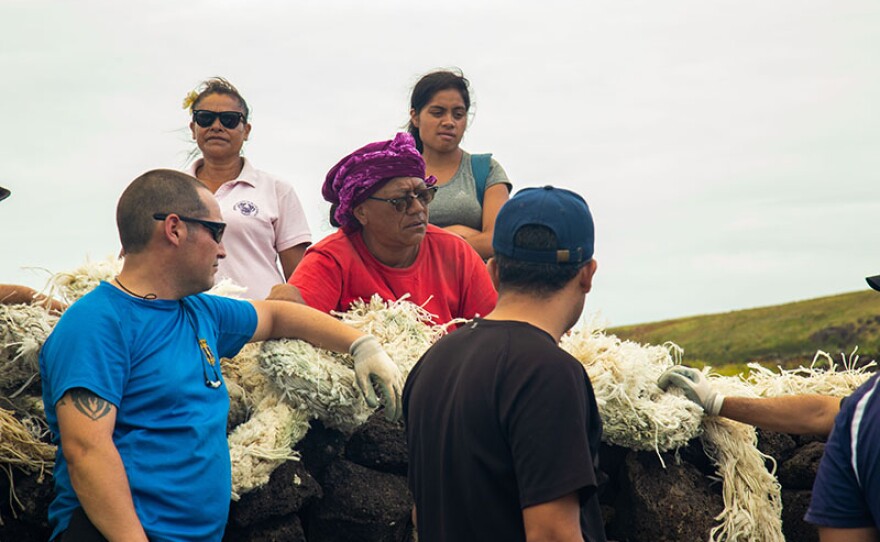 Mama Piru during a coastal cleanup with the local community on Rapa Nui.