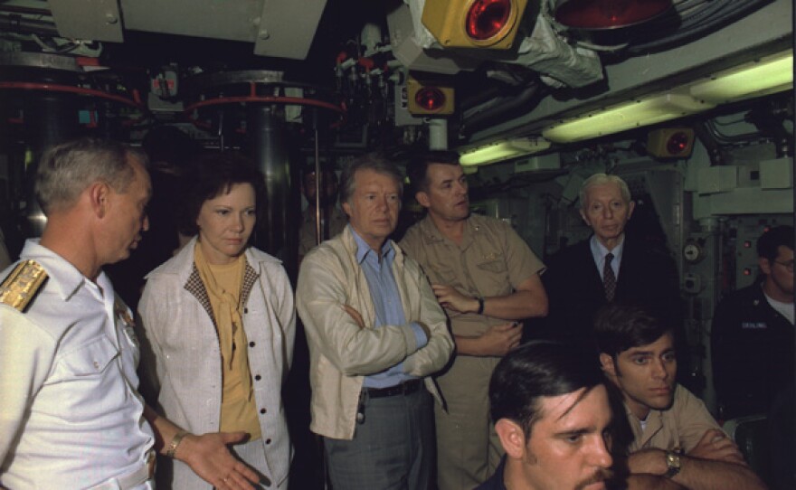 Rosalynn Carter, President Jimmy Carter and Admiral Hyman G. Rickover, USN (far right) aboard the submarine USS Los Angeles (SSN-688) in 1977.