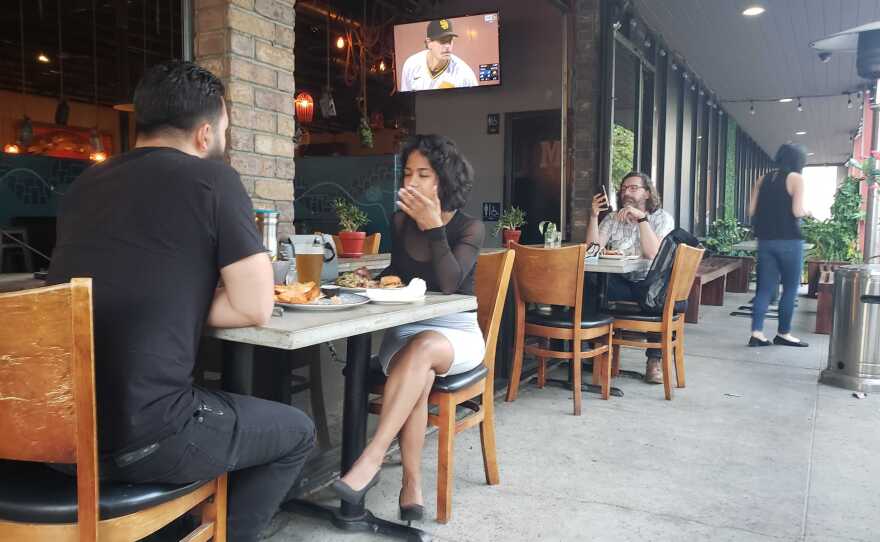 Patrons dining outside at Common Theory in the Kearny Mesa neighborhood of San Diego, Calif. August 5, 2020.