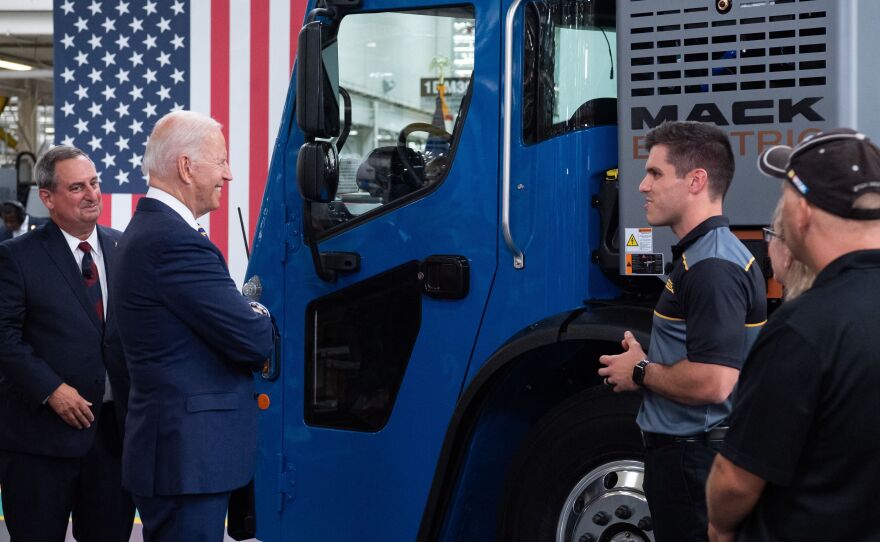 President Biden checks out an electric truck as he tours a Mack Trucks plant last week in Macungie, Pa.