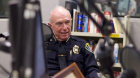 San Diego Police Chief William Lansdowne speaks with KPBS staff before going on the air with KPBS Midday Edition, Feb. 20, 2014. 