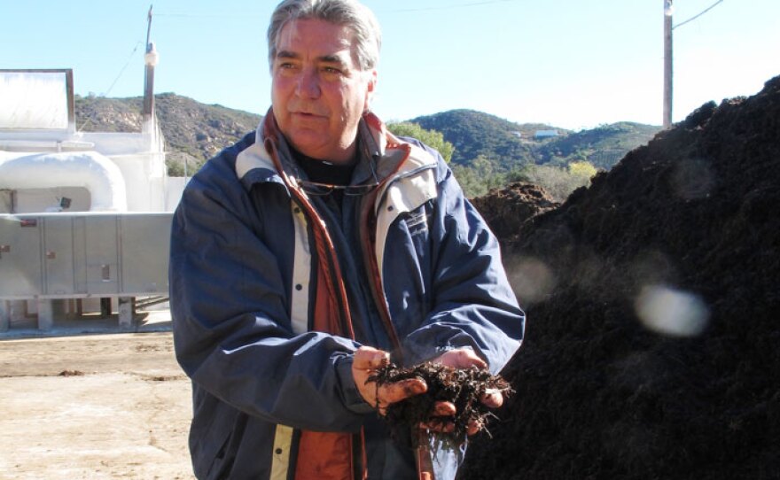 Gary Crouch of Mountain Meadow Mushroom in Escondido, where stable bedding from the County Fairgrounds is recycled into compost used to grow mushrooms, which then becomes mushroom compost available to gardeners across the region.