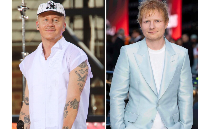 FILE - Recording artist Macklemore appears on ABC's "Good Morning America" Summer Concert Series in Central Park in New York on July 22, 2022, left, and Ed Sheeran appears at the premiere of the film "F1 The Movie" in London on June 23, 2025.