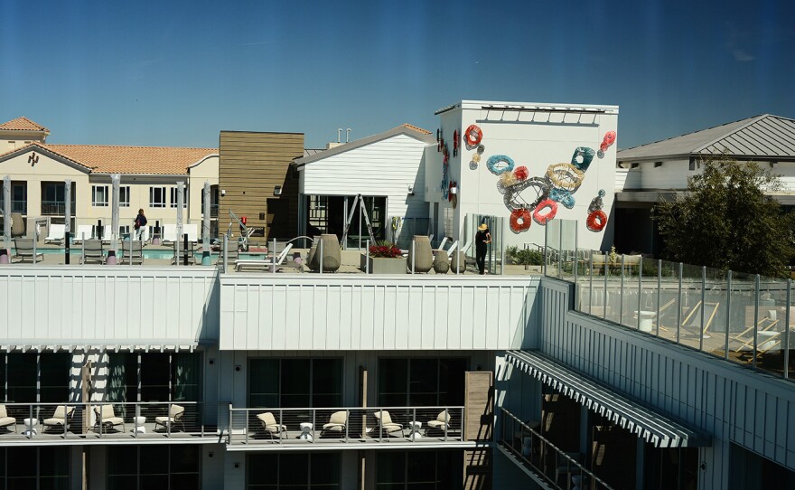 Akiko Surai's "Pacific Stratum," pictured in a May 2021 photo, is newly installed on the rooftop at Mission Pacific Hotel, part of the new art program there. 