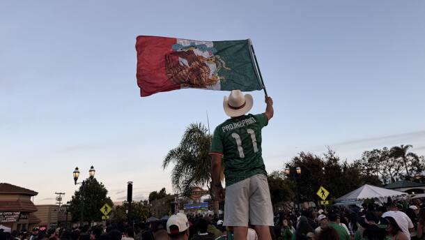A soccer fan wearing a Mexican national team jersey waves the country's flag during a FIFA World Cup watch party in Chula Vista on June 19. 2026.