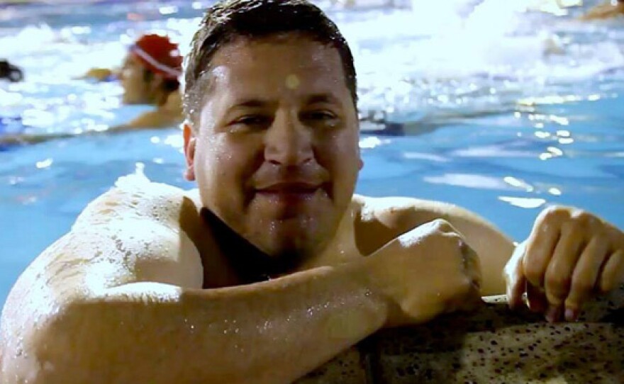 Host Jorge Meraz attempts to keep up with everybody at the lifeguard training facility.