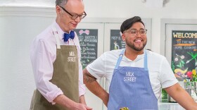 A behind-the-scenes photo of Host Christopher Kimball and Milk Street Cook Josh Mamaclay. 