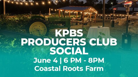 image of a farm set up for small event with words KPBS Producers Club Social overlaid