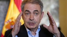 Spain's former Prime Minister Jose Luis Rodriguez Zapatero speaks to journalists in La Paz, Bolivia, Thursday, May 12, 2022.