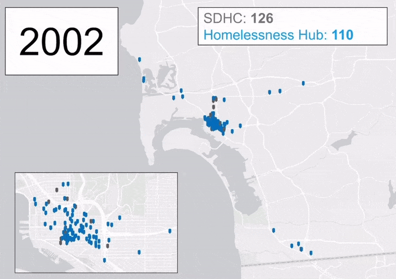An animated map shows the decrease in SRO hotels in San Diego over the past two decades