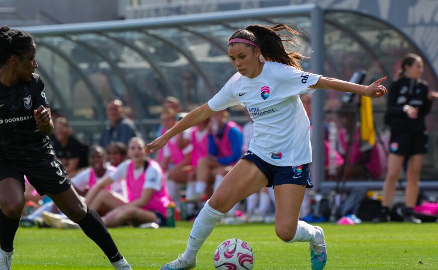 Melanie Barcenas in the Waves exhibition game against Angel City at Snapdragon Stadium on Saturday, March 18, 2023.