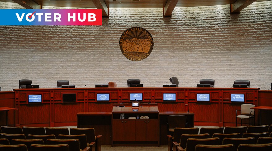 The Chula Vista city council chambers are pictured on Sept. 19, 2023 with the KPBS VoterHub branding in the top left corner.