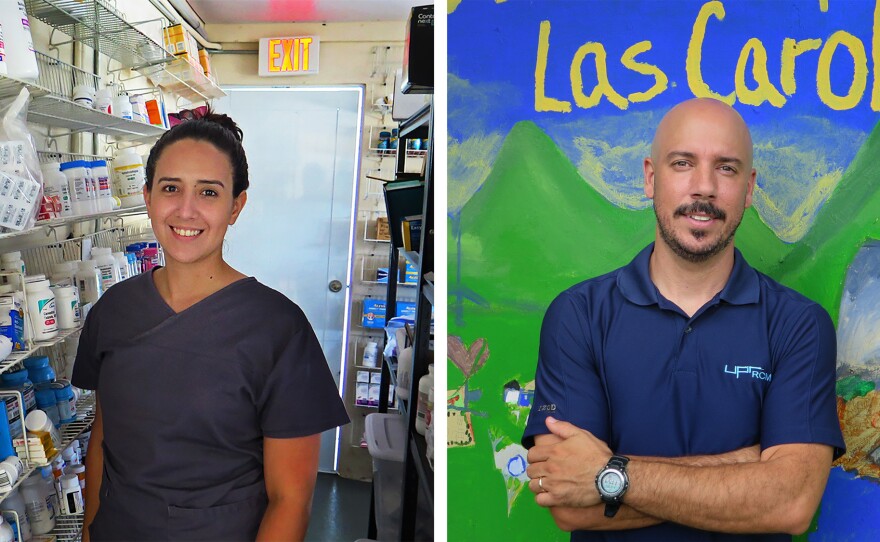 Noelia Rivera (left), a 27-year-old nurse, provides medical help in seven rural communities where many elderly people live. Pablo Méndez (right), an associate professor of environmental health at the University of Puerto Rico, gives guidance for the Center of Mutual Support in Las Carolinas.
