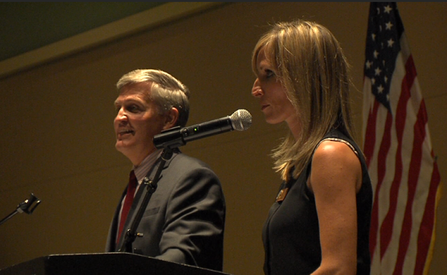 County Supervisor Dave Roberts, left, and Encinitas Mayor Kristin Gaspar take part in a candidates' forum in Escondido for the District 3 Supervisor's seat, Oct. 10, 2016.