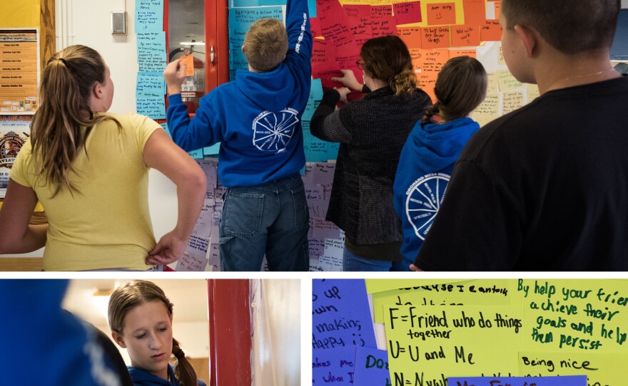 Middle school kids in the Sources of Strength program at Orchard Mesa Middle School hang cards that fellow students wrote on what makes a good friend on the wall of the school cafeteria. (Bottom left) Lily Lee is one of the mentors in the program.