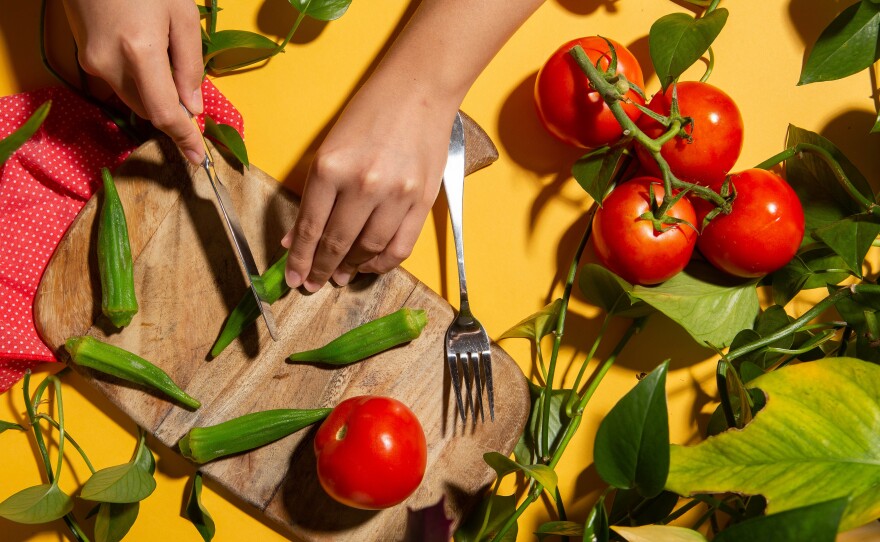 Okra slime changes when its pH changes. To make okra less slimy, says botanist Katherine Preston, cook it with an acid, which changes the properties of the molecules in the mucilage and renders it far less viscous. Southerners cook okra with tomatoes, which provide plenty of acid.