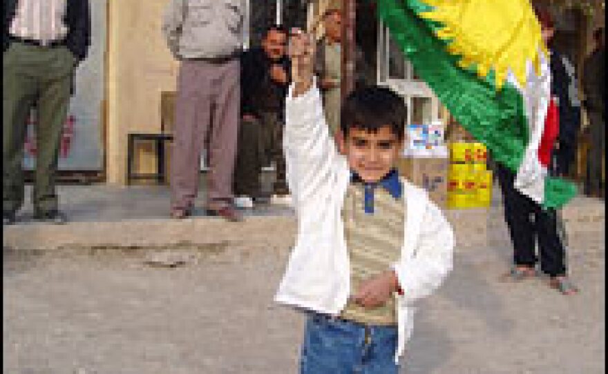 A young Iraqi Kurdish boy waves the flag of Kurdistan.