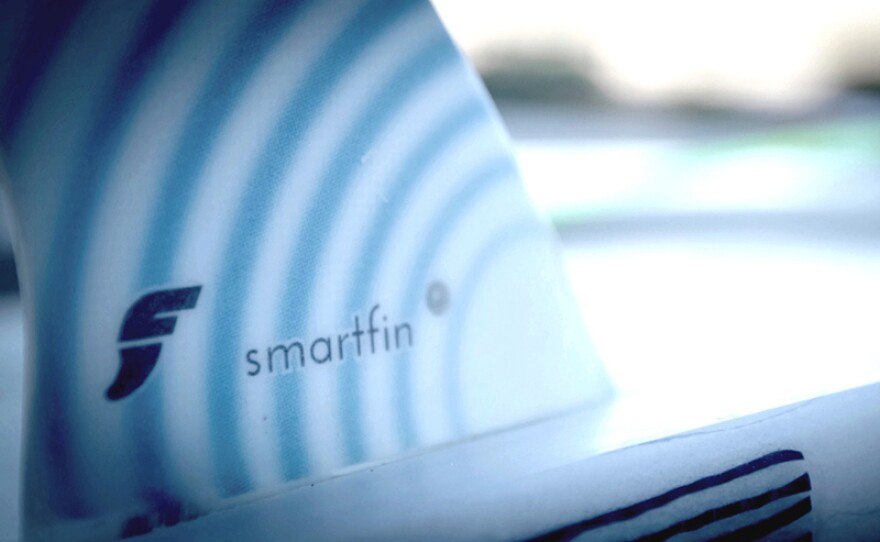 A Smartfin sensor which can track temperature and ocean acidification data in near shore waters.