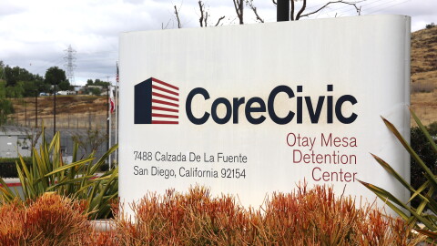 The CoreCivic sign outside the Otay Mesa Detention Center on Thursday, April 2, 2026.