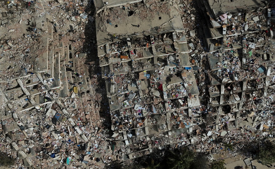 Damaged buildings are seen three days after earthquakes struck in La Guaira, Venezuela, Saturday, June 27, 2026.