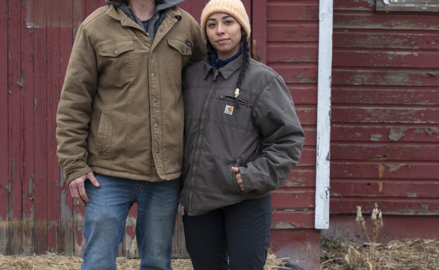 Mark Guttridge and his daughter, Jimena Cordero, at Ollin Farm in Longmont, Colo.