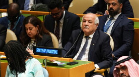 Palestinian ambassador to the U.N. Riyad Mansour, right, attends the 80th session of the United Nations General Assembly, Tuesday, Sept. 23, 2025, at UN headquarters