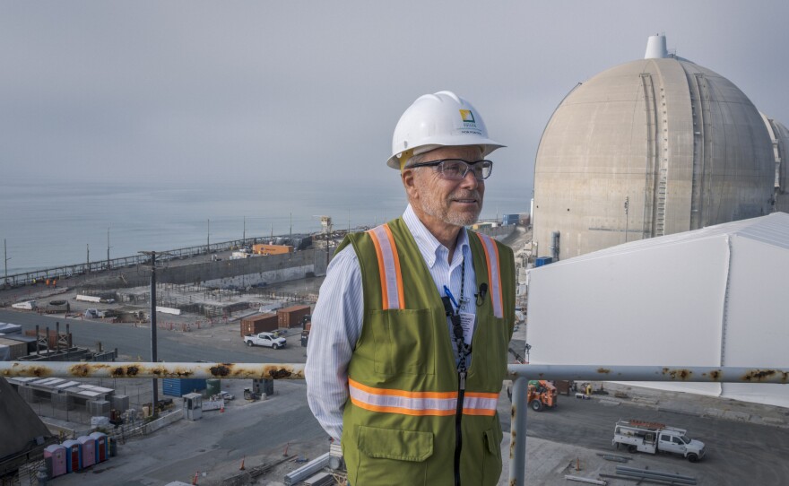 San Onofre Nuclear Generating Station general manager for site closure and environmental oversight, Ron Pontes, standing in front of the iconic domes, Dec. 16, 2025.